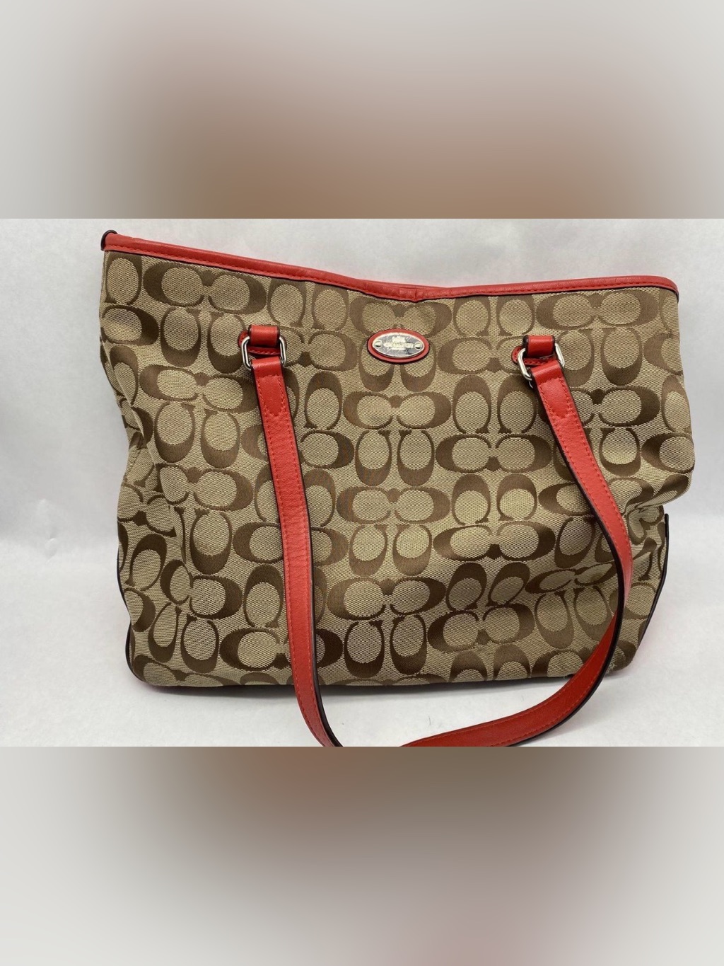 Coach Beige Signature Canvas Tote With Red Trim